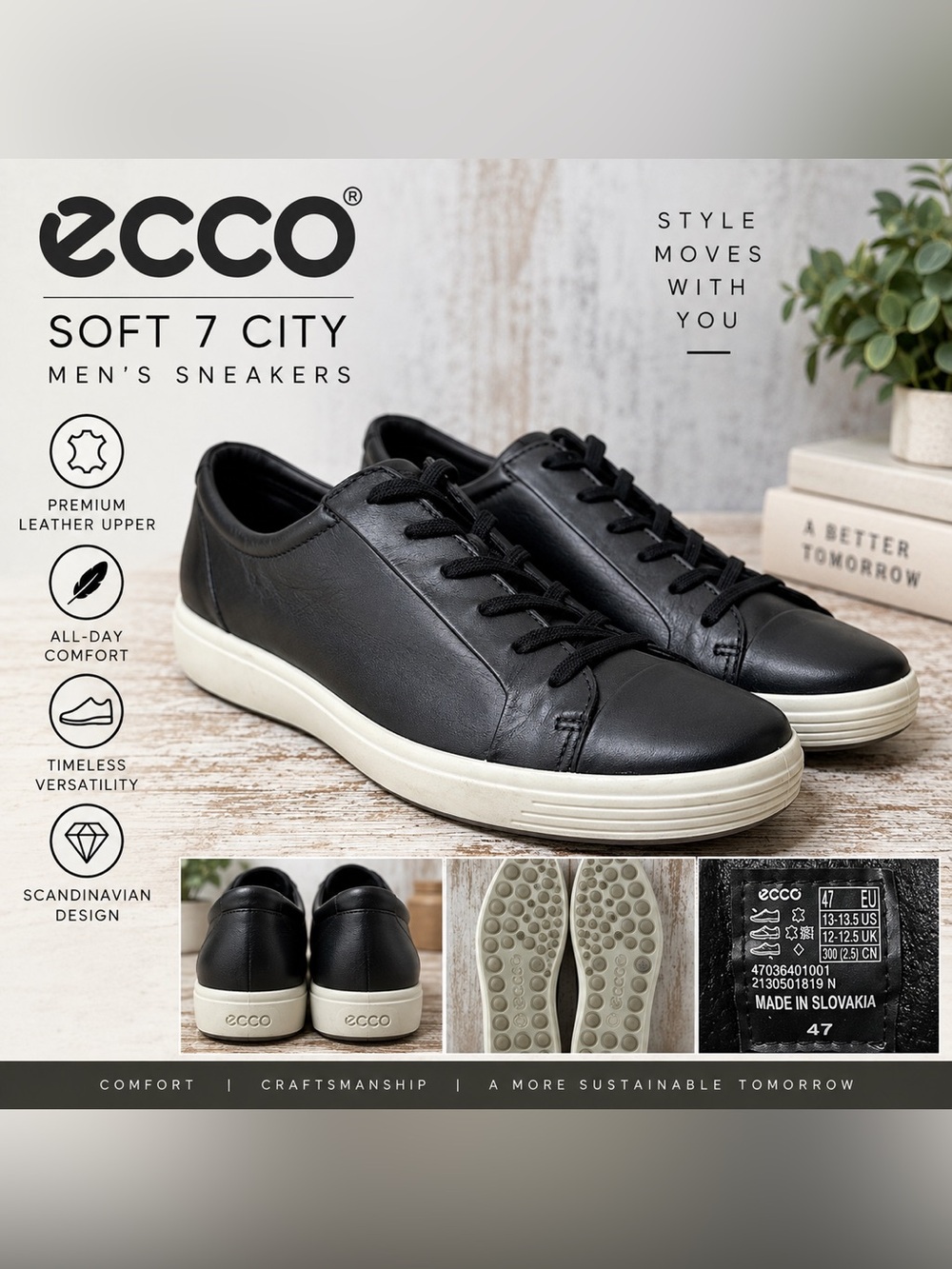 ECCO Soft 7 City Sneakers Men’s EU 47 US 13-13.5 Black Leather Low Top Shoes
